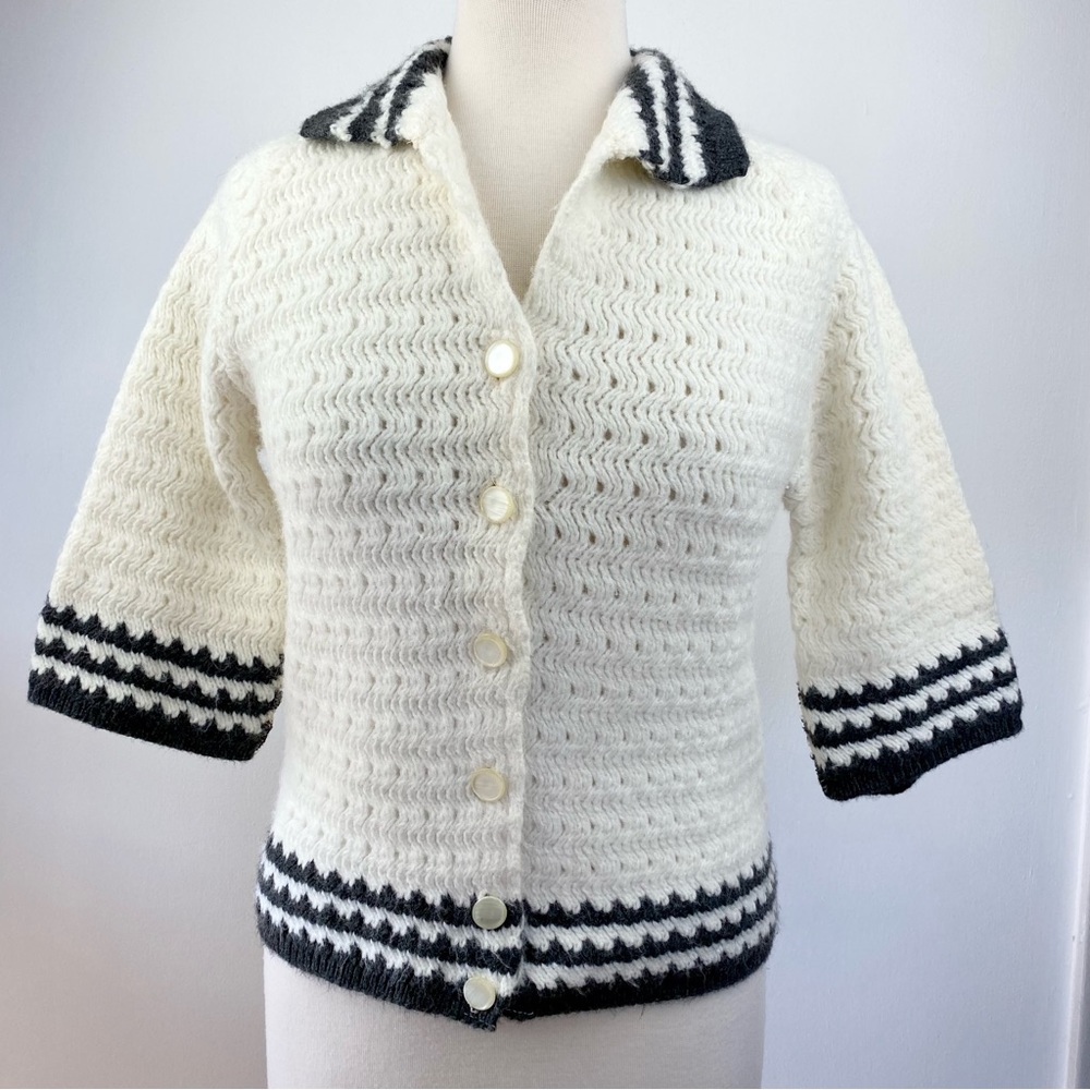 Womens Vintage Short Sleeve Cardigan Sweater with Collar Cream and Grey …